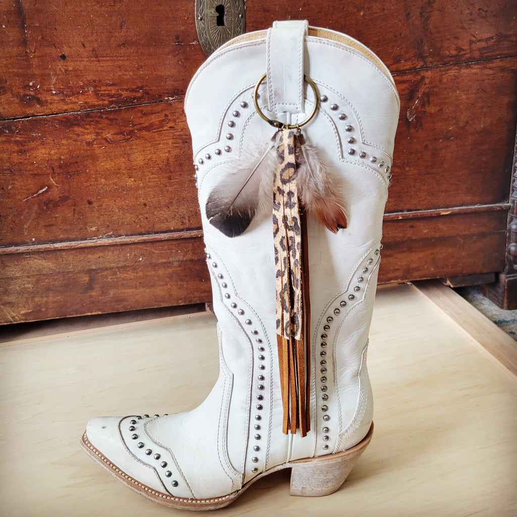 Boho Western Leather Boot Bling Charm w/ Leopard Fringe 500y