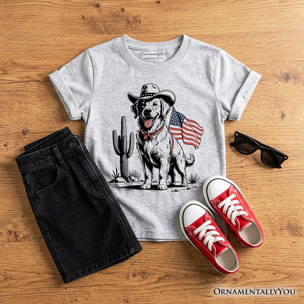 Kids American Cowboy Dog T-Shirt, Western Youth 4th of July Tee for Pet Lovers