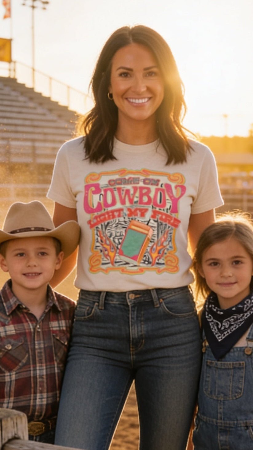 "Come on Cowboy, Light My Fire" Retro Western Graphic T-Shirt – Vintage Cowboy Core Tee
